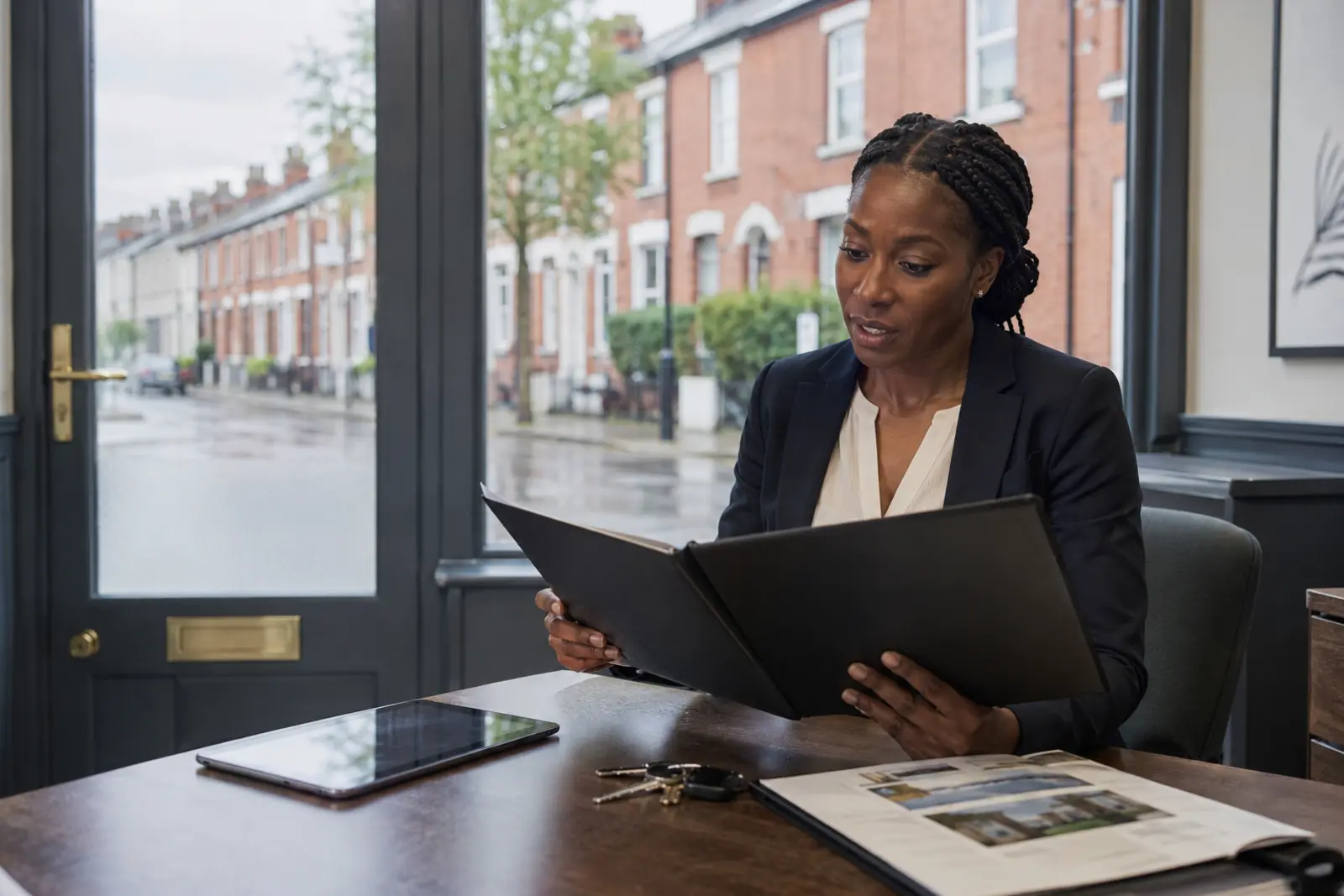 An estate agent reading a property brochure at her office desk with keys and a tablet beside her