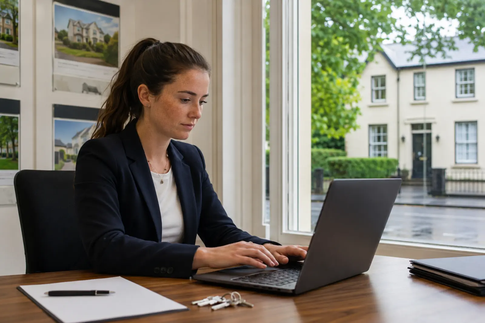 An estate agent working at a laptop with property listings on the office wall behind her