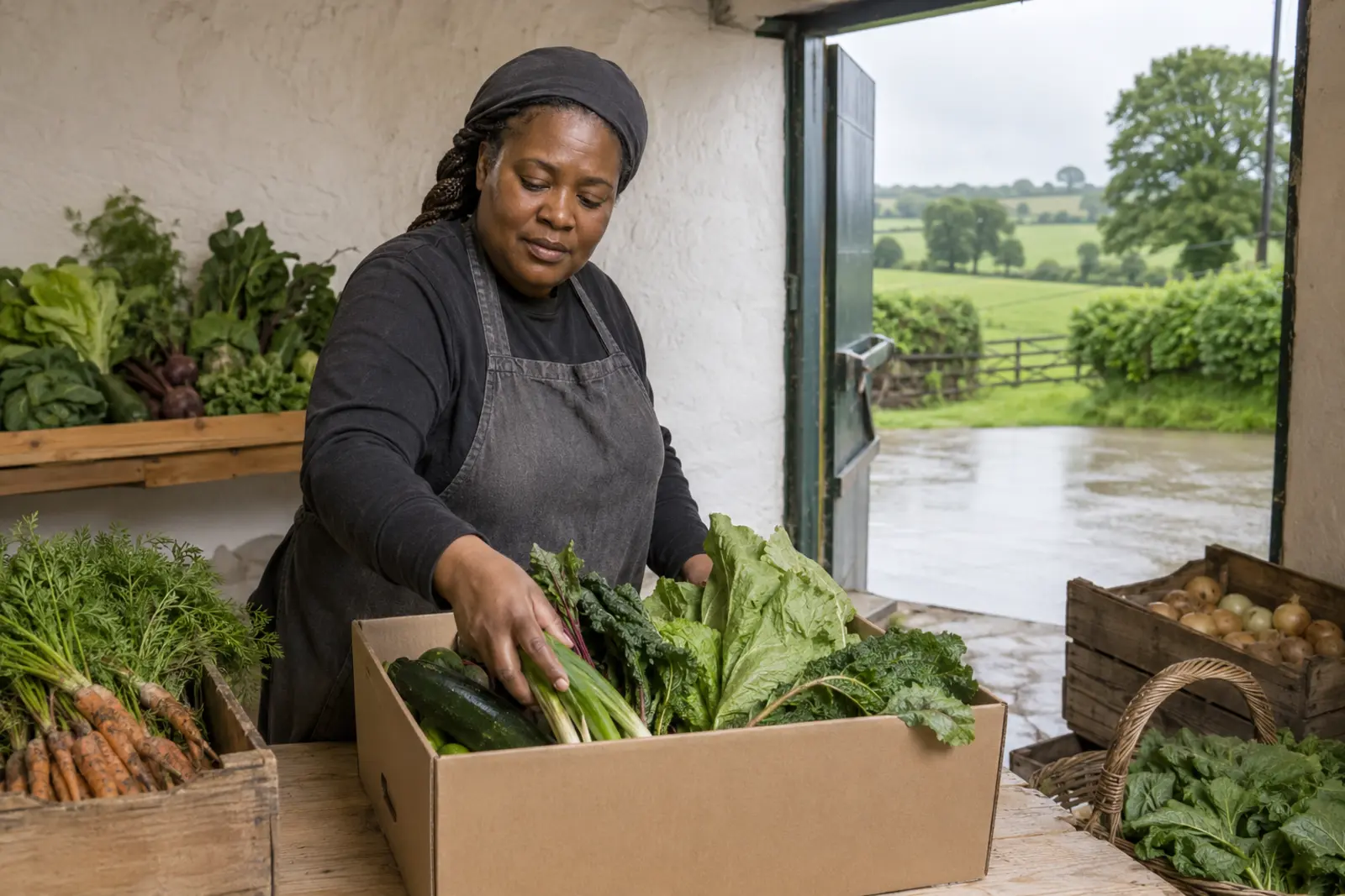 A farm shop worker packing a veg box with greens beside crates of carrots and onions