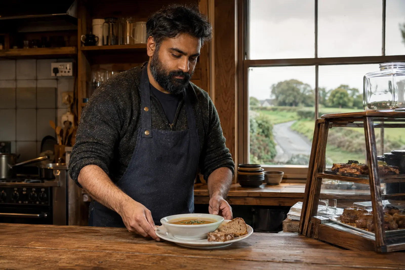 A farm shop cook serving a bowl of soup with brown bread over a rustic counter