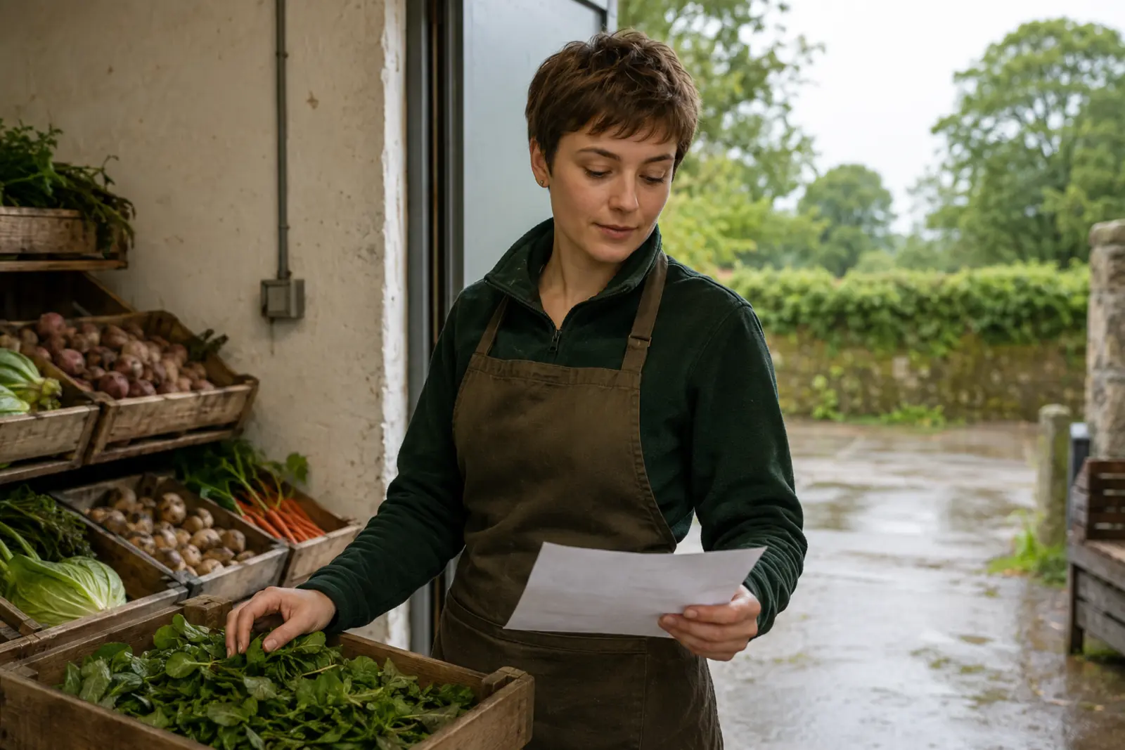 A farm shop worker checking fresh greens in wooden crates outside with a stock list
