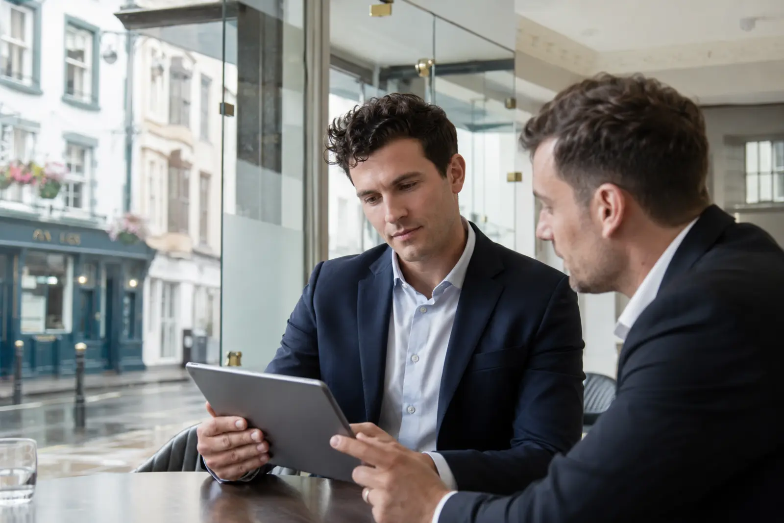 Two financial advisors reviewing figures on a tablet together