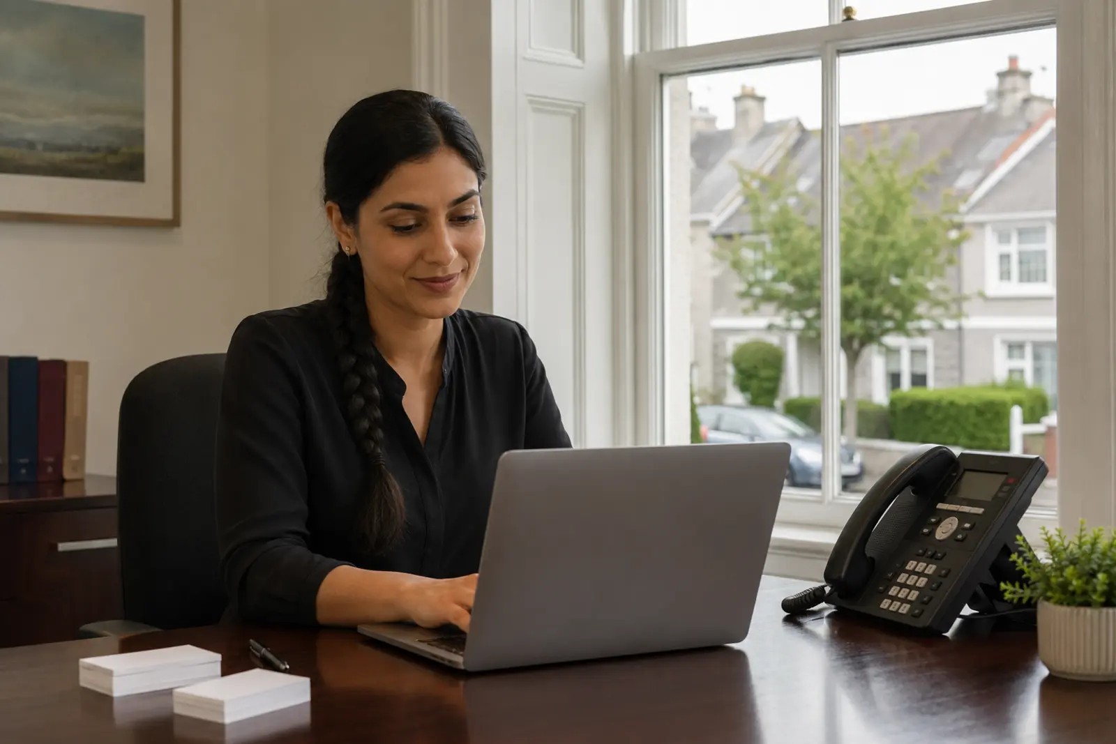 A financial advisor at a laptop with a desk phone handling client enquiries
