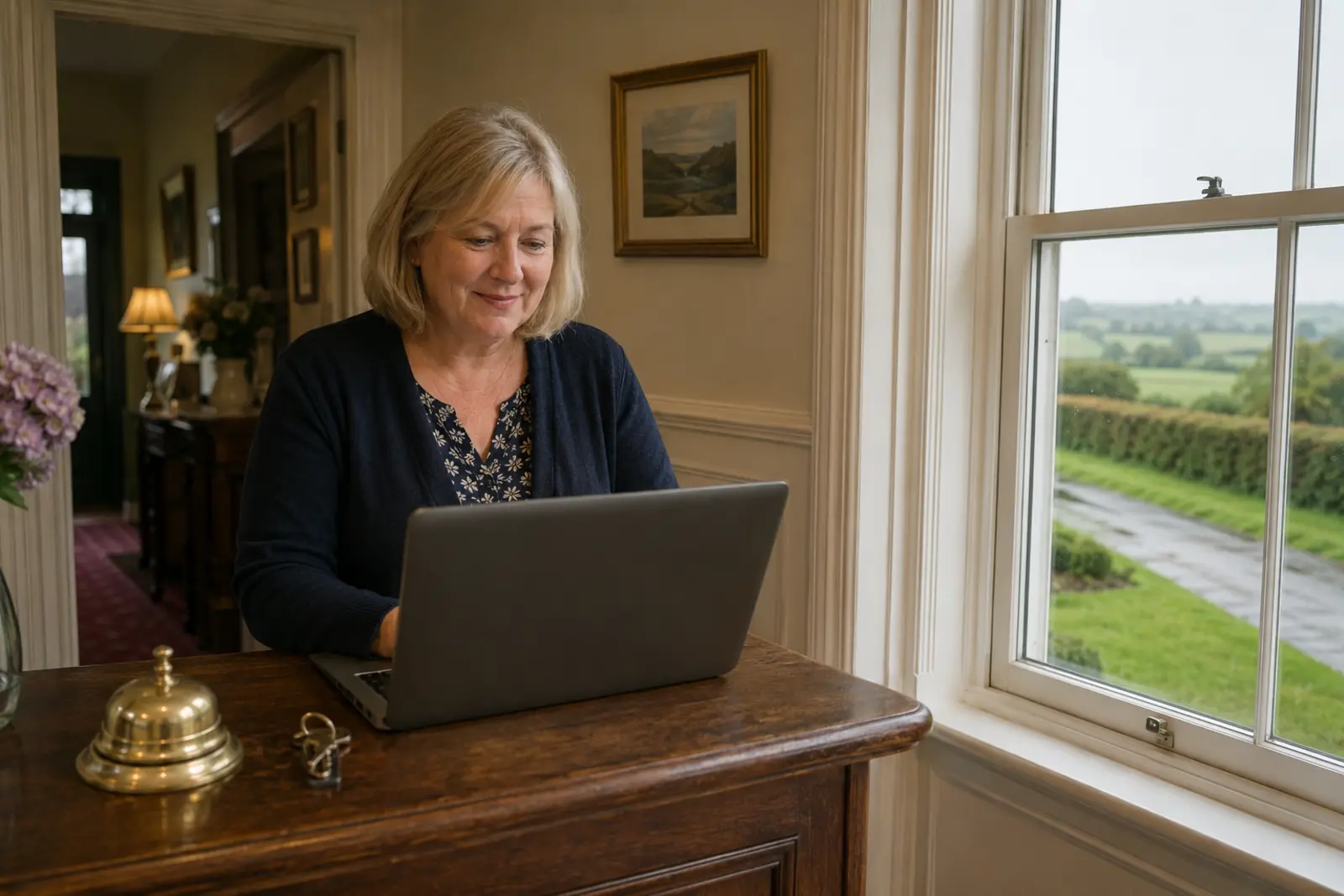 A guesthouse owner taking a booking on a laptop at a reception desk with a brass bell