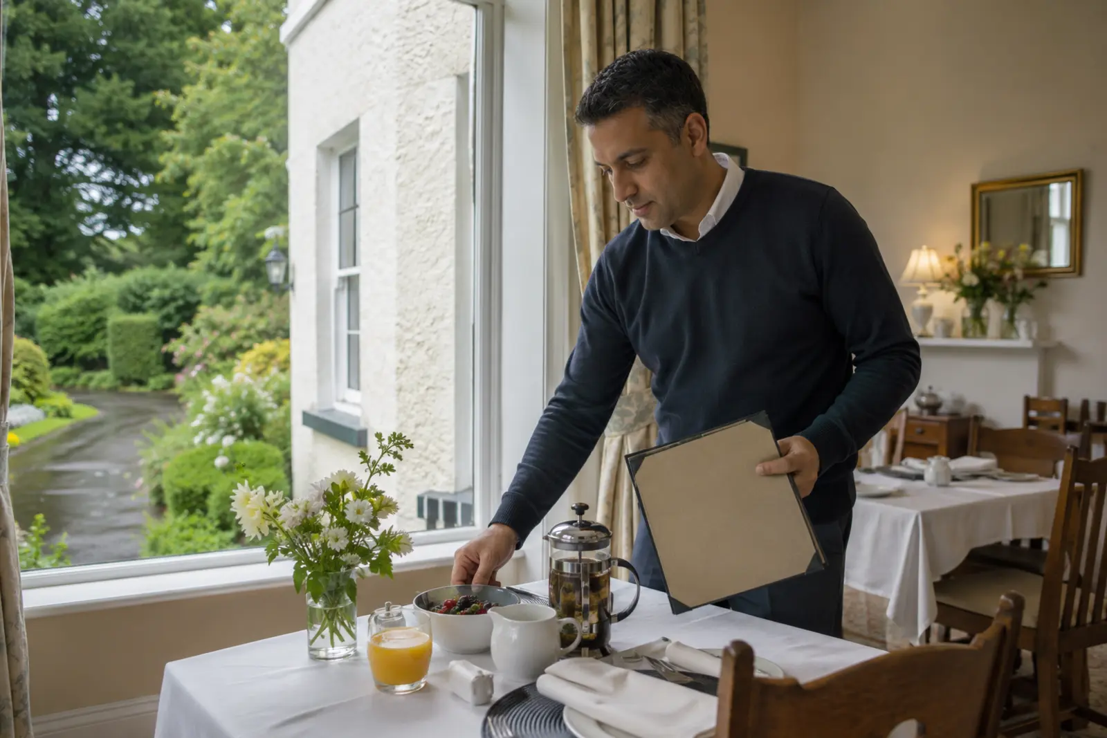 A host setting a breakfast table in a guesthouse dining room with a garden view