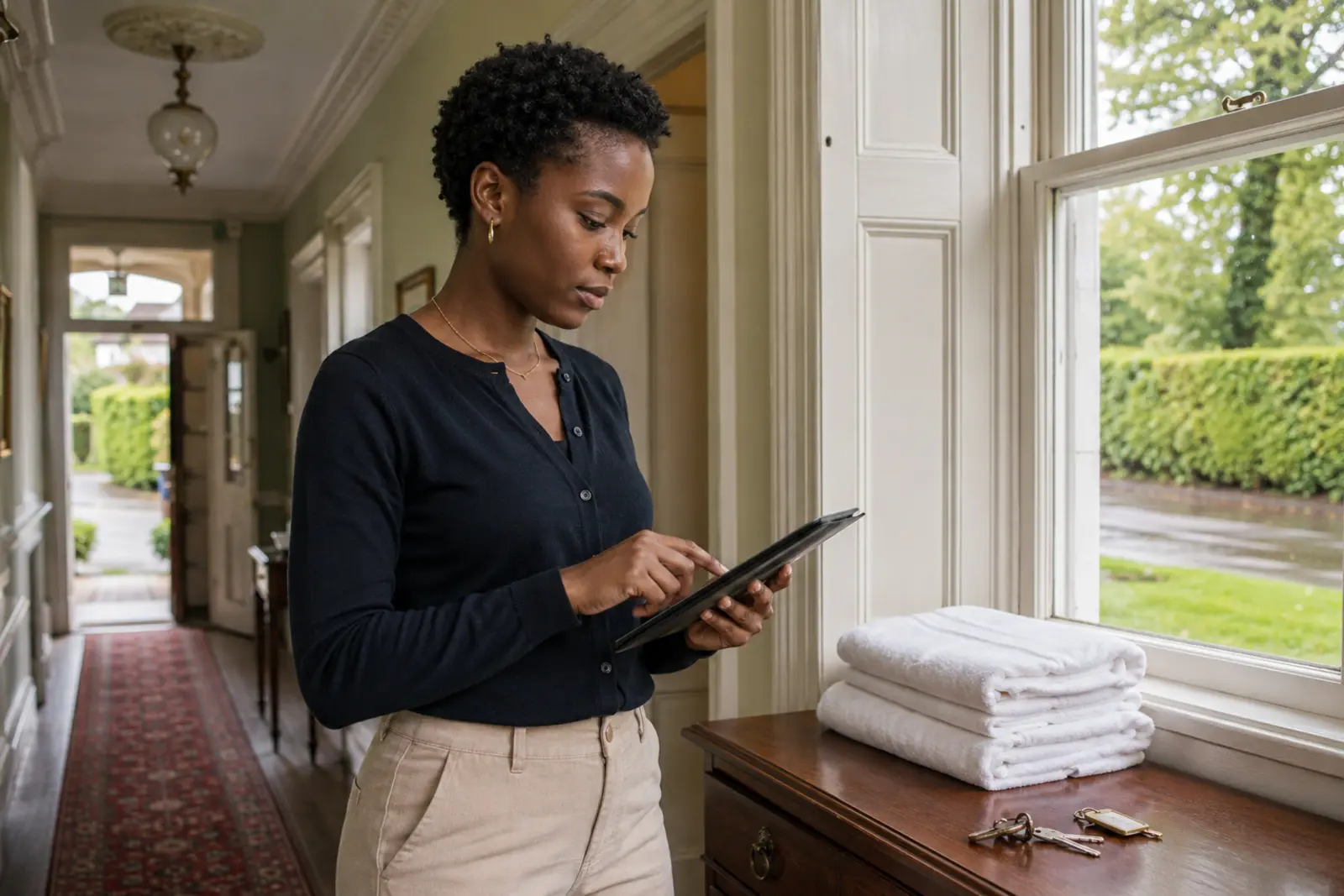 A guesthouse host checking bookings on a tablet in the hallway with fresh towels ready