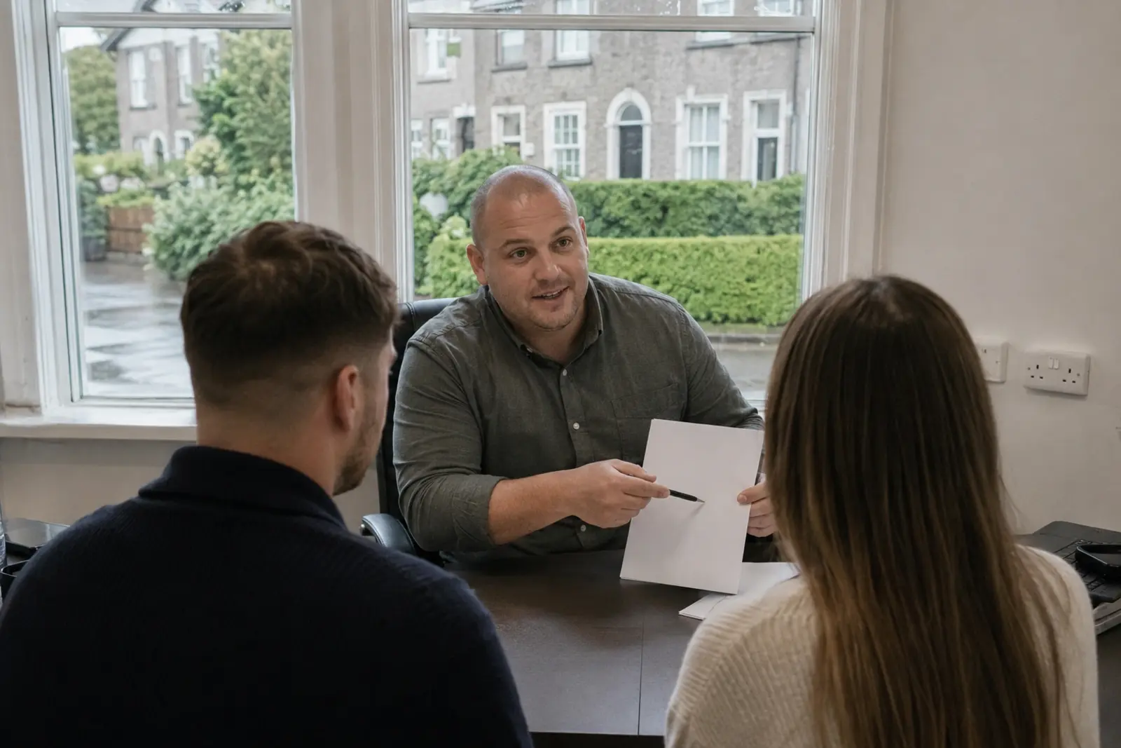 A mortgage broker going through paperwork with a first-time buyer couple