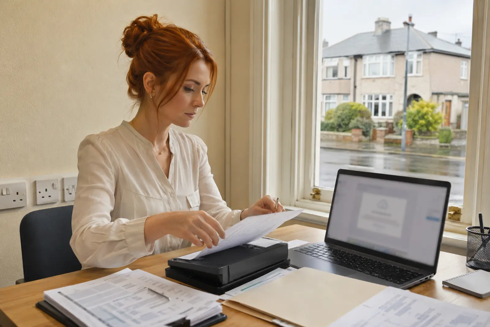 A mortgage broker scanning a client application document at her desk
