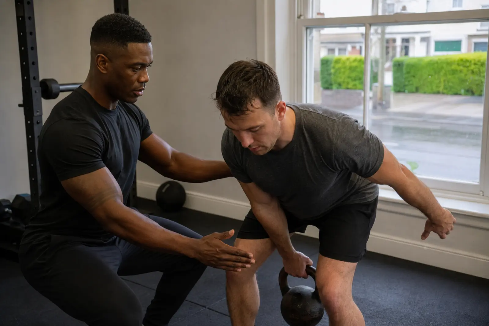 A personal trainer coaching a client through a kettlebell exercise in a gym
