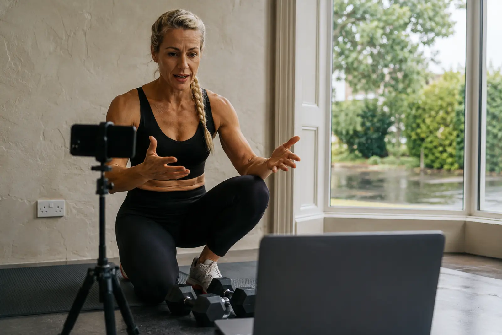 A trainer running an online coaching session to camera with a laptop and dumbbells