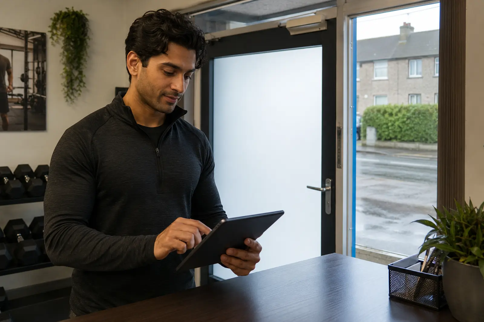 A trainer checking bookings on a tablet at a gym reception desk