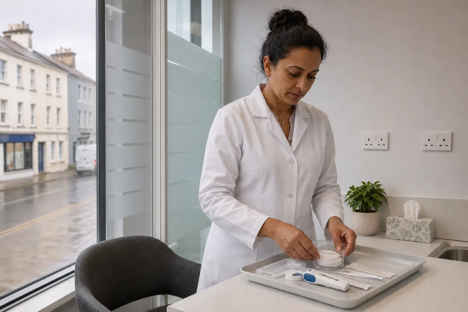 A pharmacist preparing a tray for a service in a bright dispensary by the window