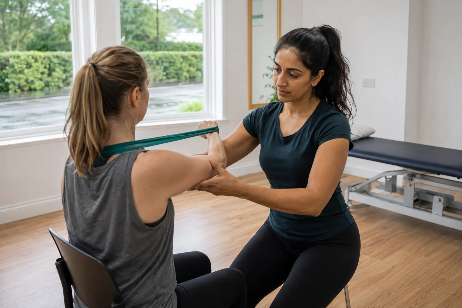 A physiotherapist supporting a seated patient's arm during a resistance band exercise