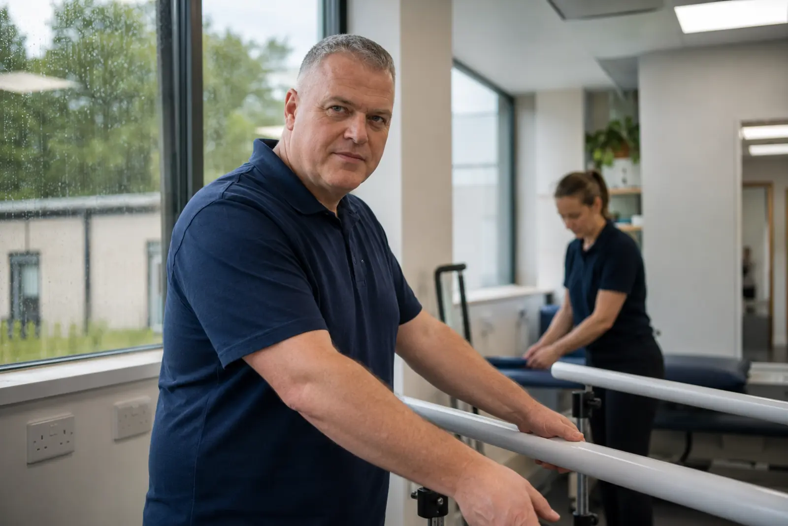 A man doing rehab exercises on the parallel bars with a physiotherapist assisting nearby