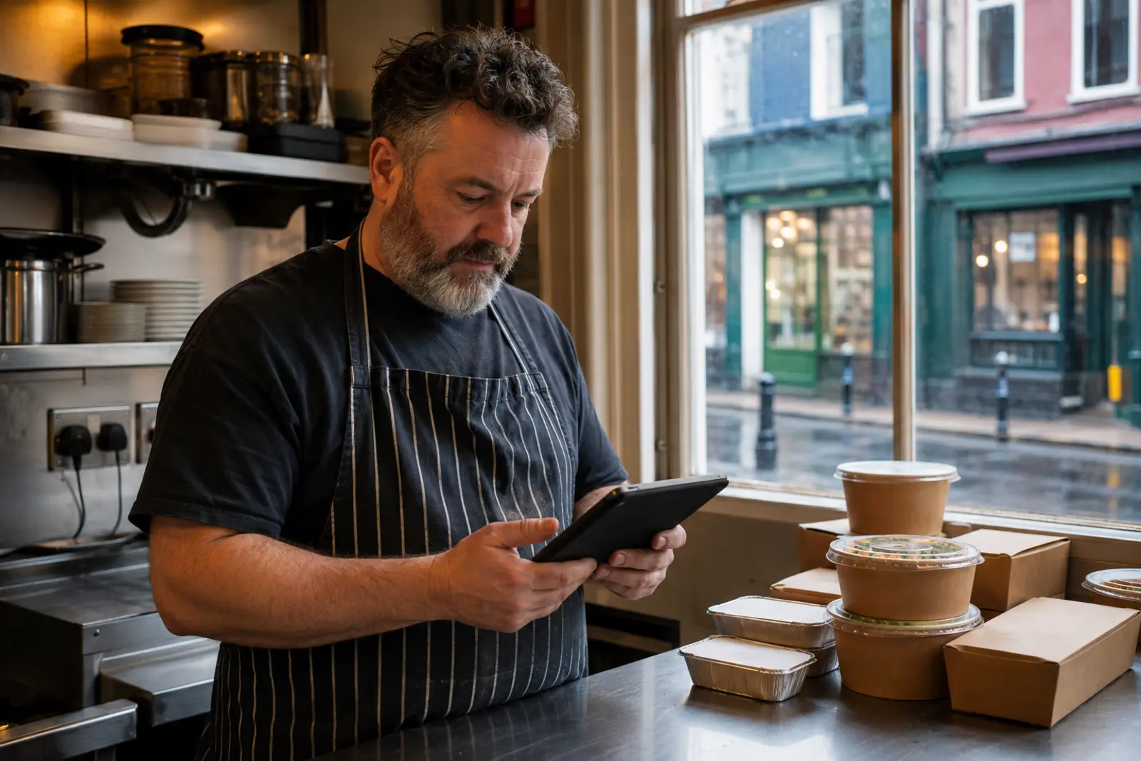 A chef checking orders on a tablet beside stacked takeaway containers in the kitchen