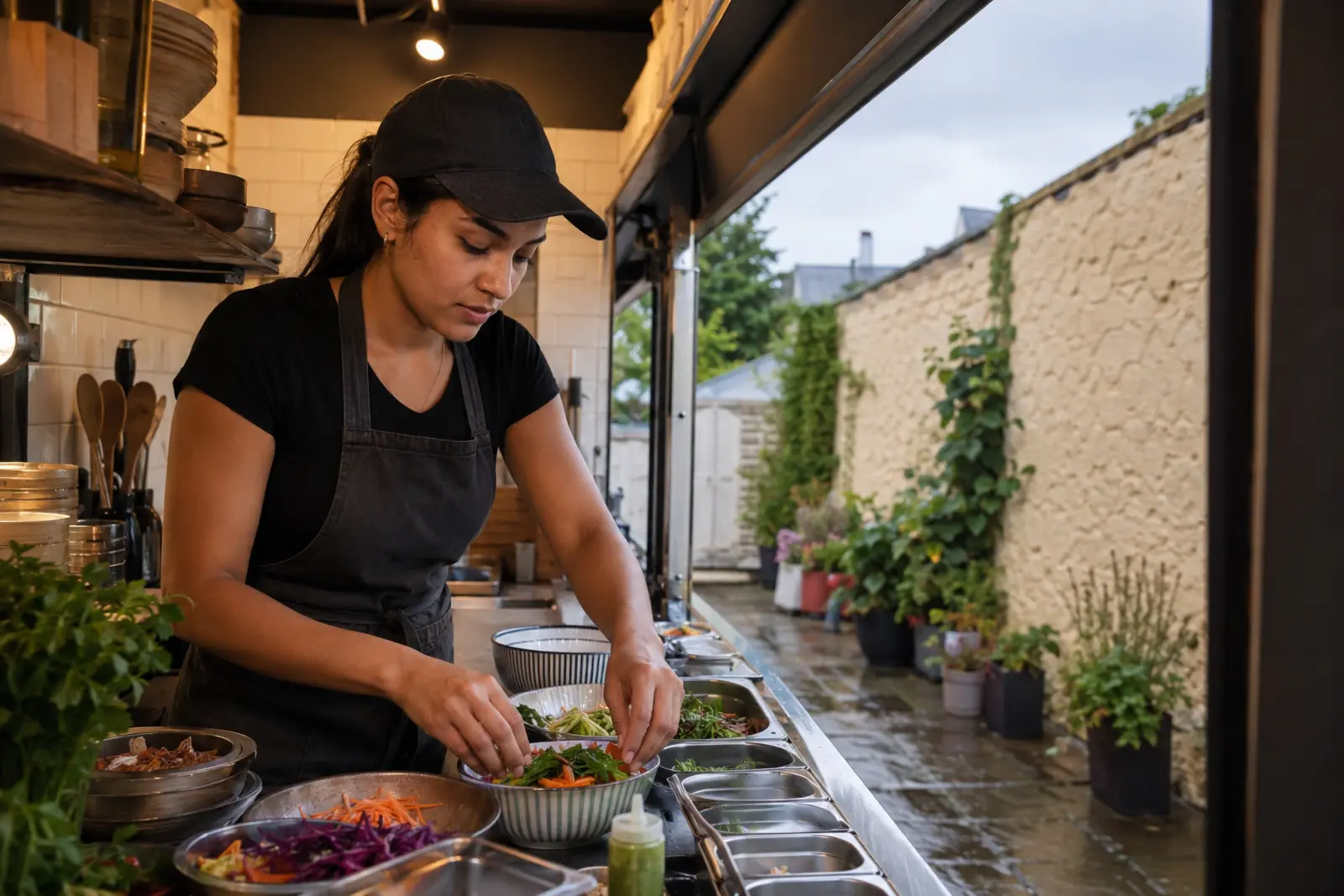 A cook plating a fresh salad bowl at an open kitchen counter