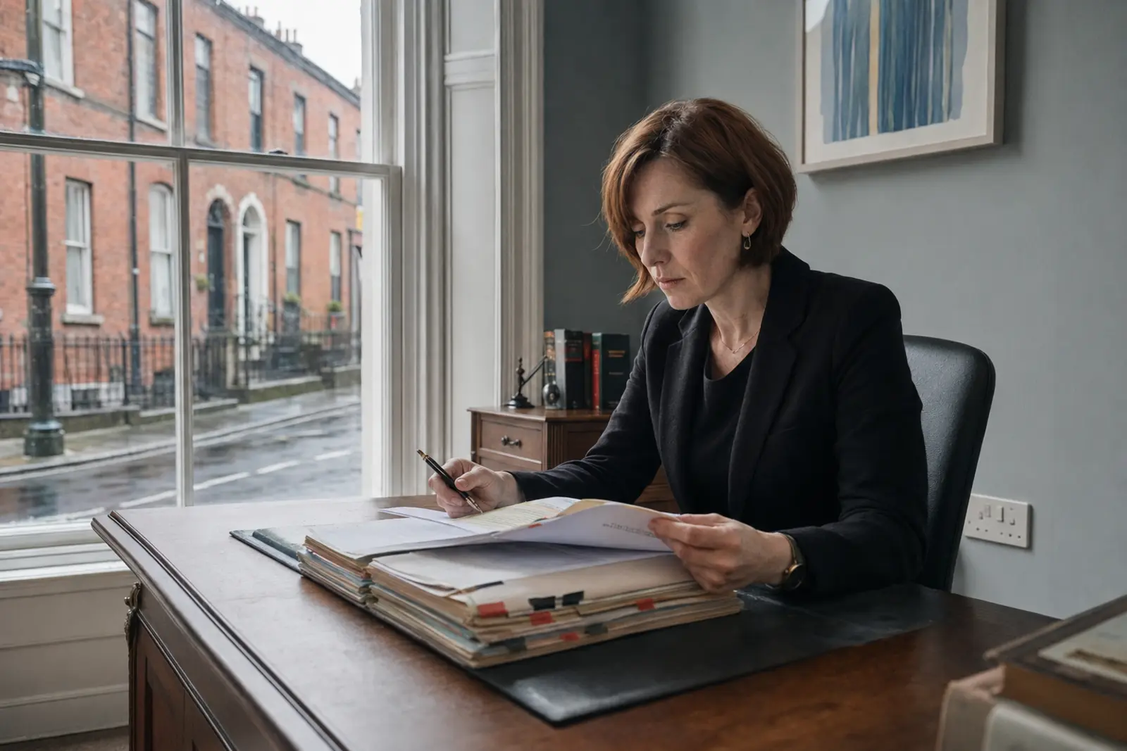 A solicitor reviewing case files at a desk by a Georgian window