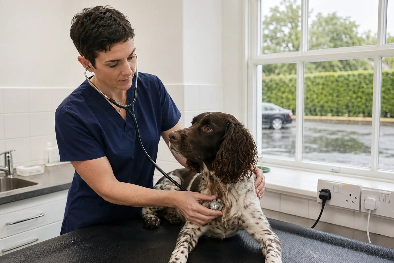 A vet listening to a spaniel's chest with a stethoscope on the exam table in a bright clinic