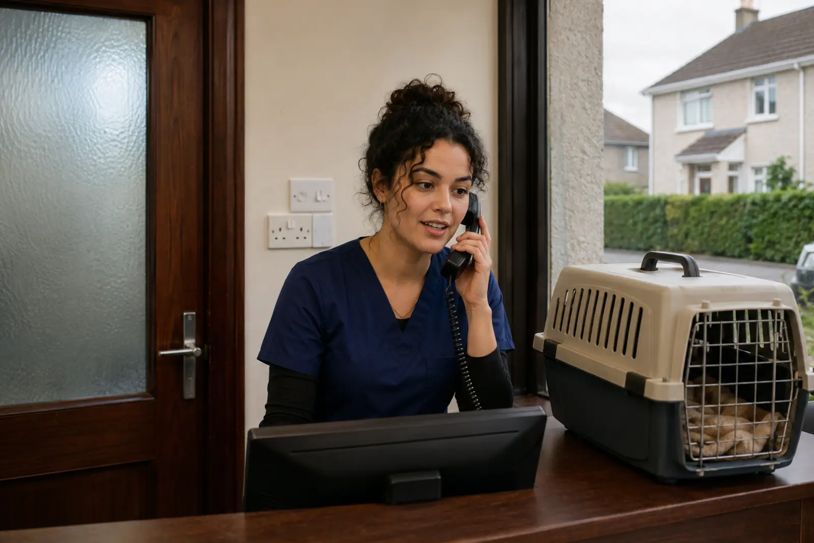 A veterinary receptionist taking a call at the front desk beside a pet carrier