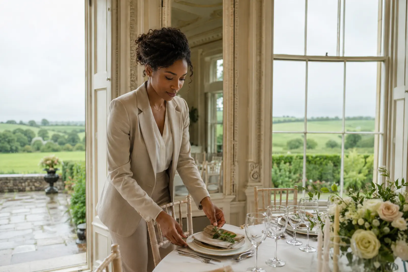 A wedding coordinator setting a table in a country house venue overlooking green fields