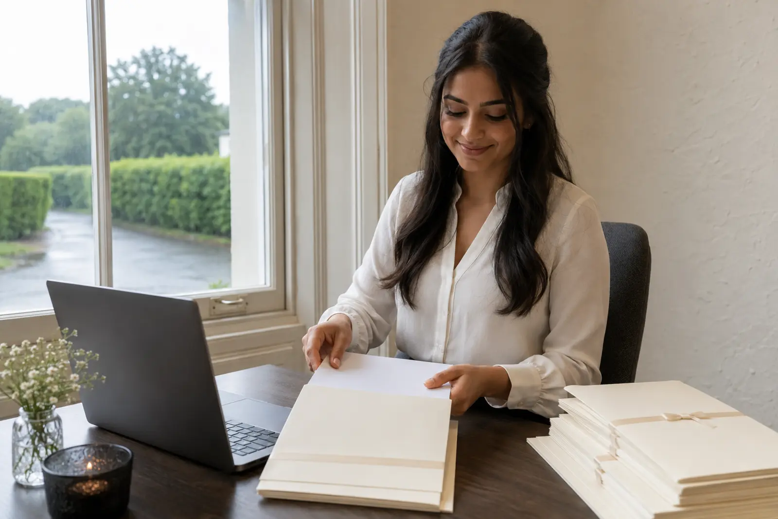 A stationer at a desk sorting cream wedding invitations beside a laptop