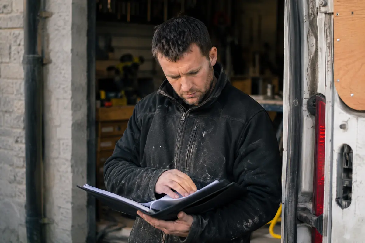 An Irish tradesperson checking a job folder