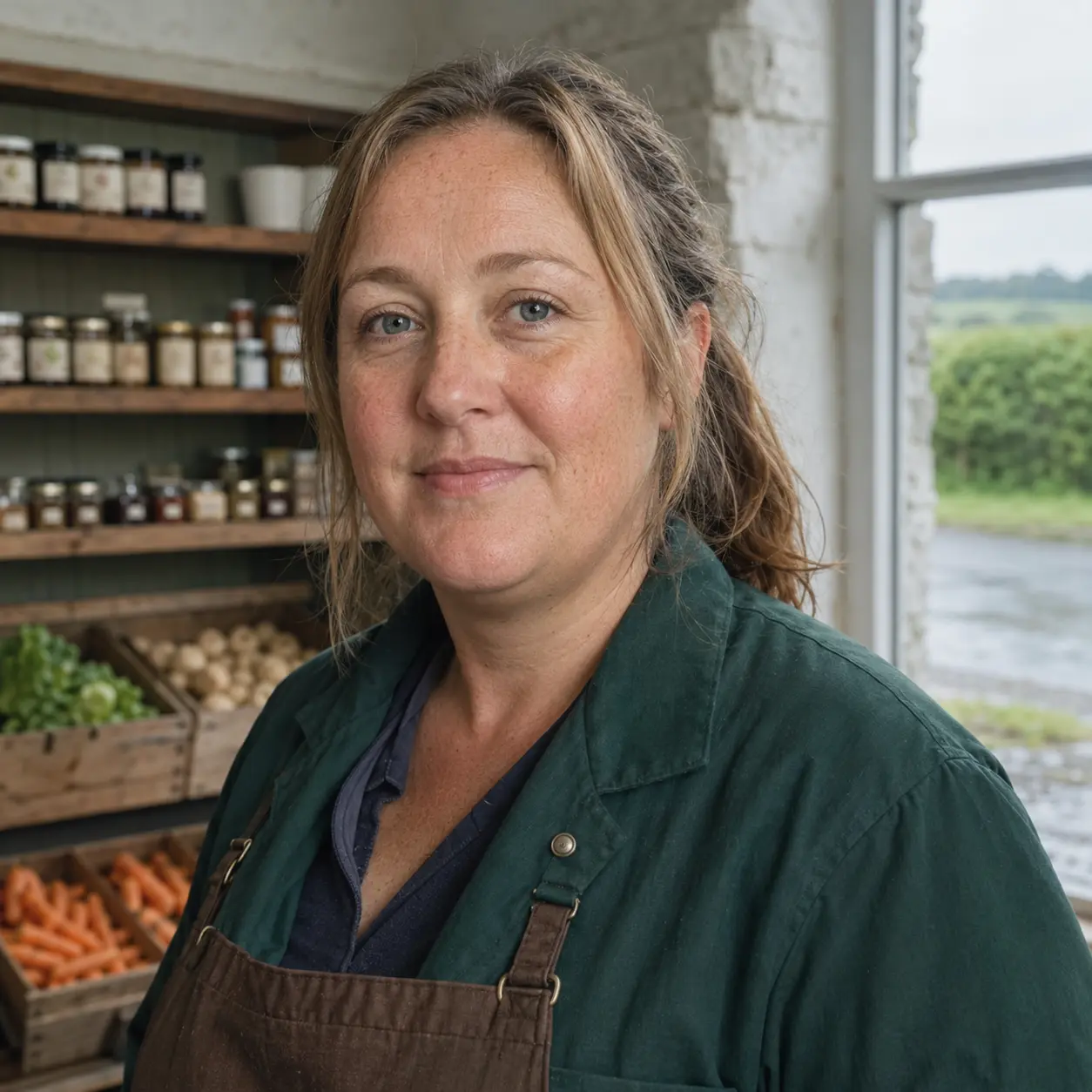 A farm shop owner standing at their produce counter