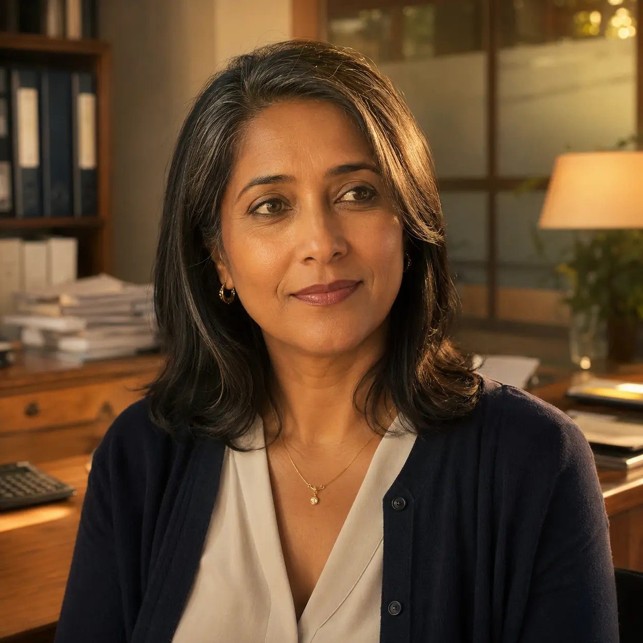A financial advisor standing in their office