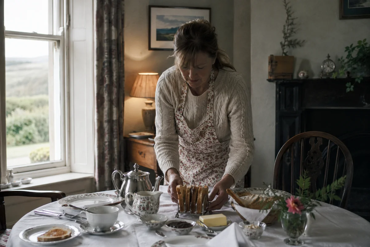 A host laying out a breakfast table in an Irish guesthouse