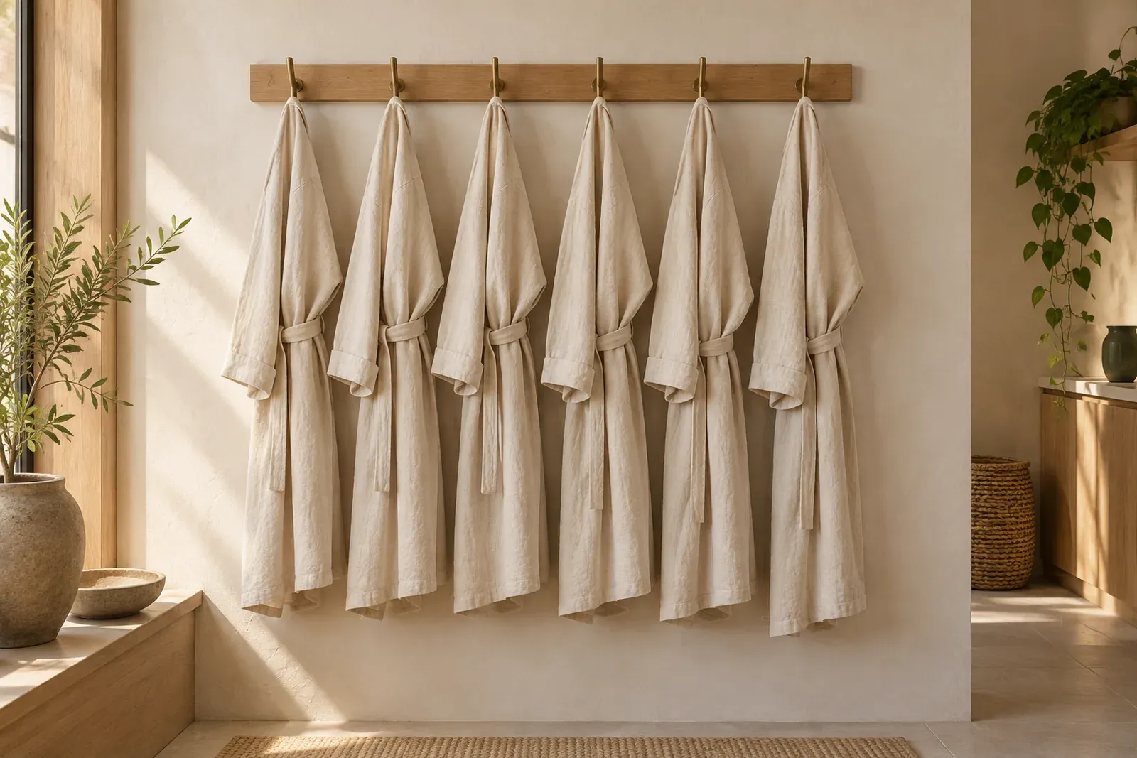 A row of linen robes hanging on oak pegs in a bright treatment room
