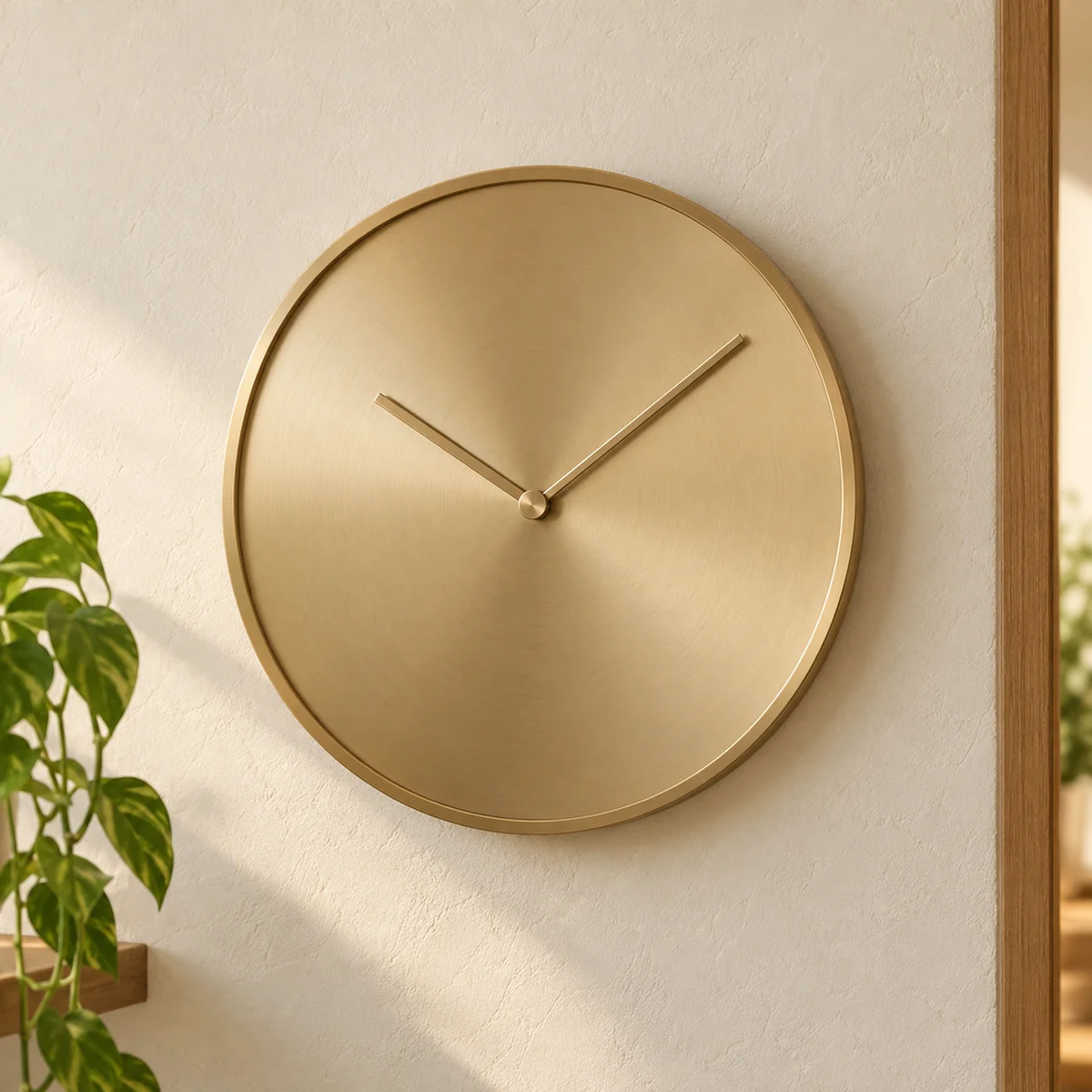 A plain brass wall clock on a warm plaster wall beside a trailing plant