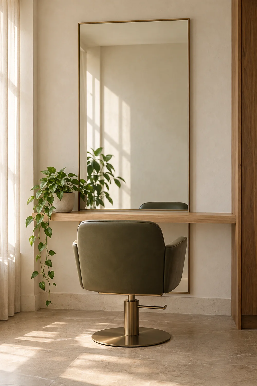 A tidy salon station with an olive-green chair, a tall mirror and trailing plants
