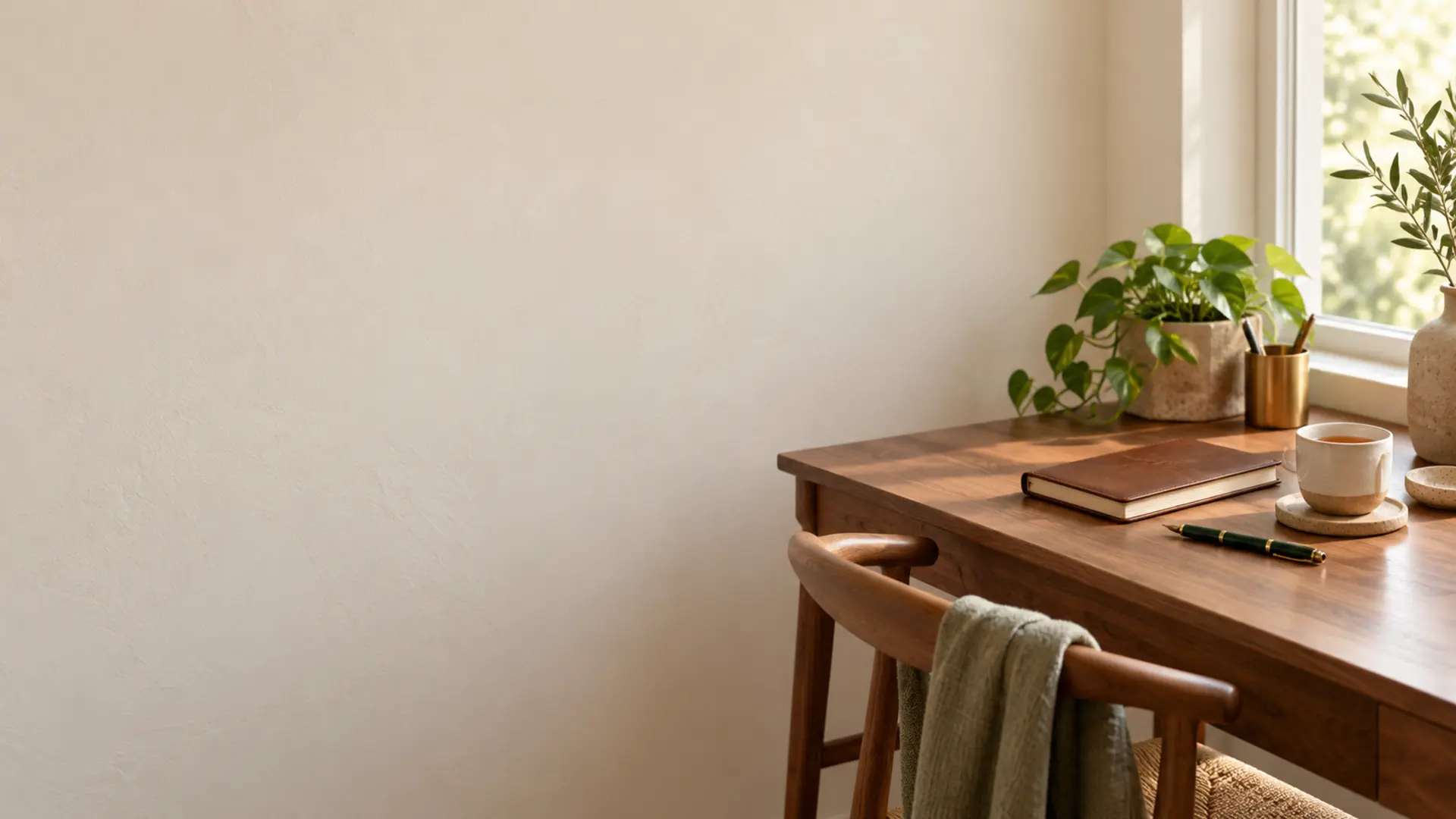 A writing desk by a sunlit window with a leather notebook, a pen and a trailing plant