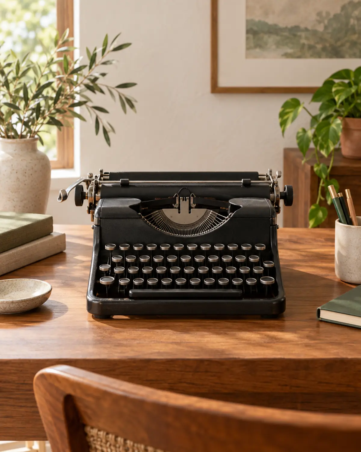 A black vintage typewriter on a timber desk in warm light