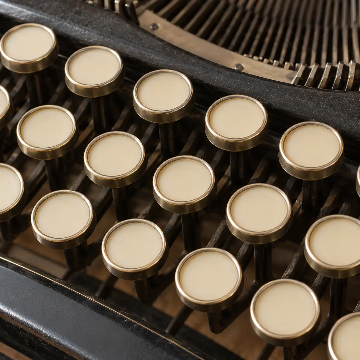 Close detail of cream typewriter keys with brass rims