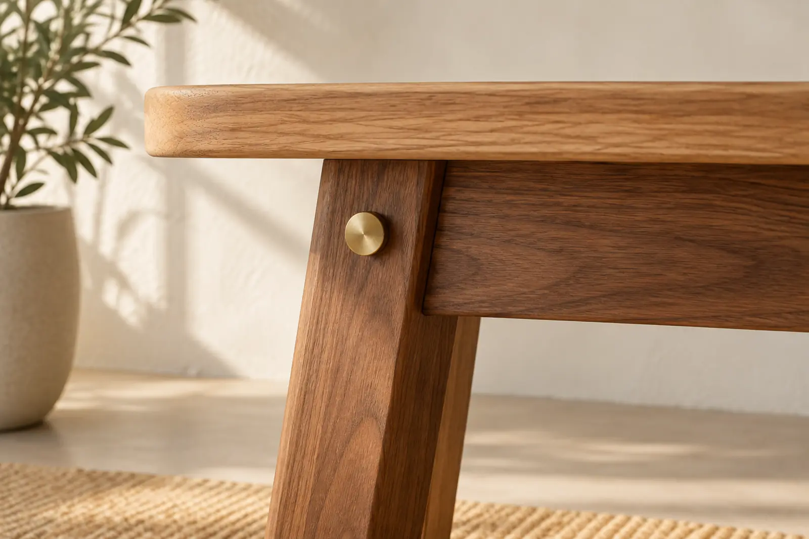 Close detail of an oak table leg joined to its frame with a brass fitting