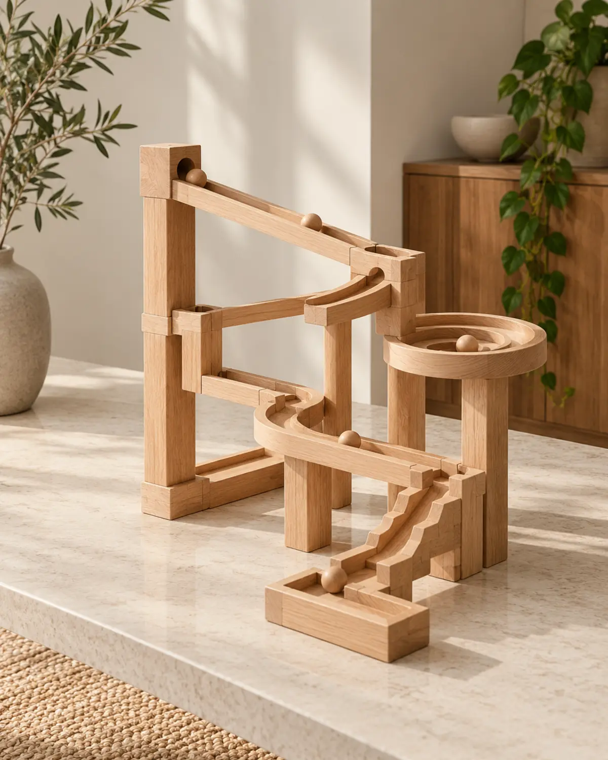 An oak marble run on a stone counter, each piece leading on to the next