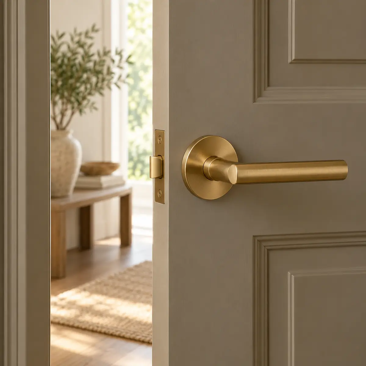 Close detail of a brass lever handle on a door left ajar