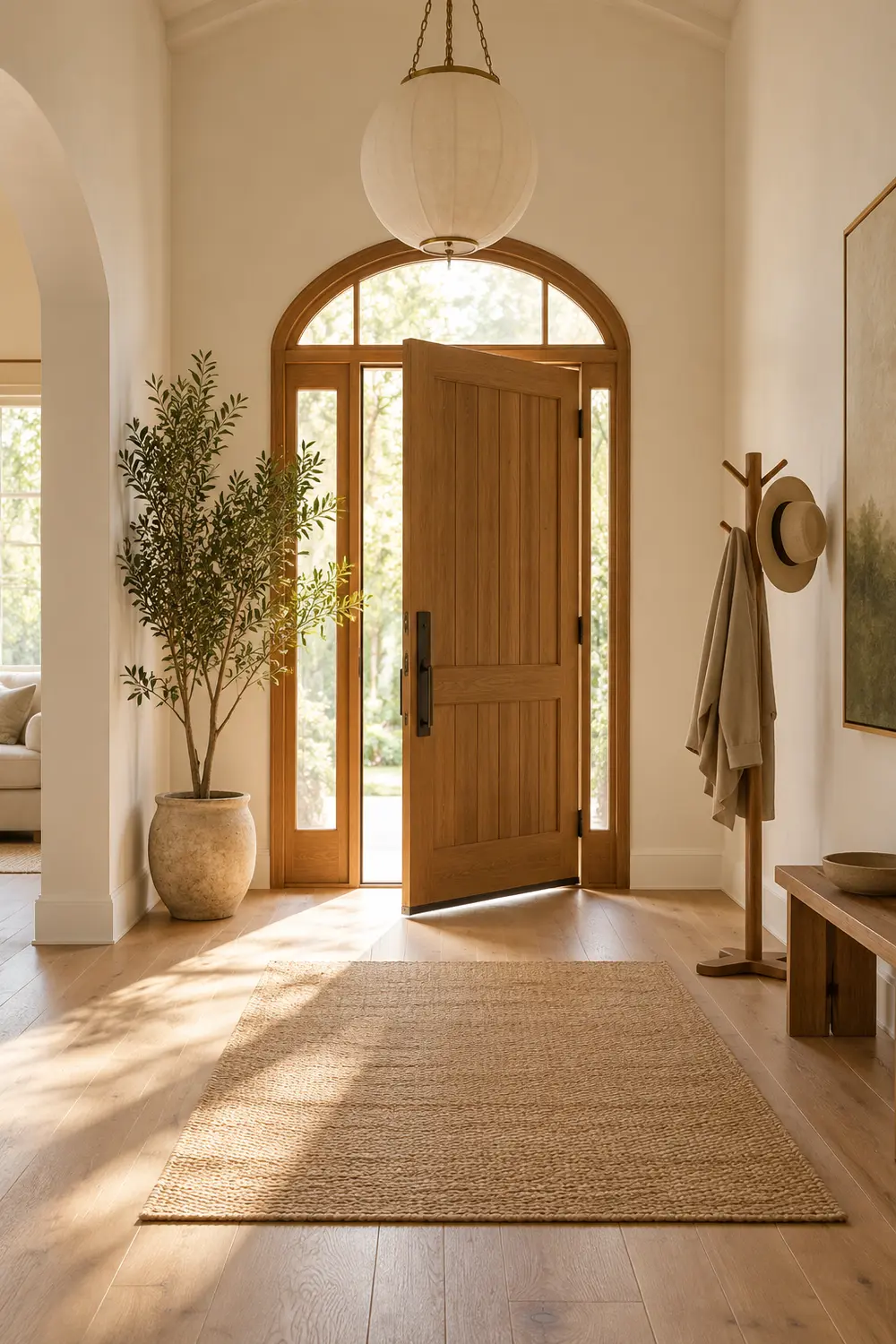 A bright arched hallway with the front door open and a jute runner leading to it