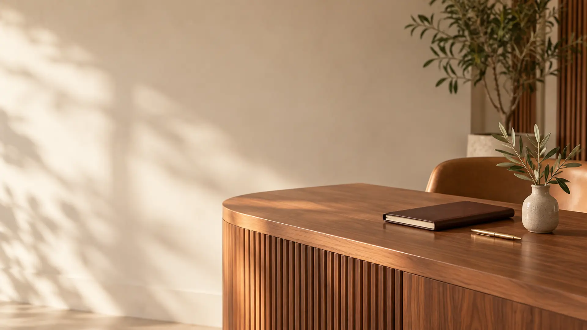 A curved walnut reception desk with a closed diary and a small olive plant in soft light