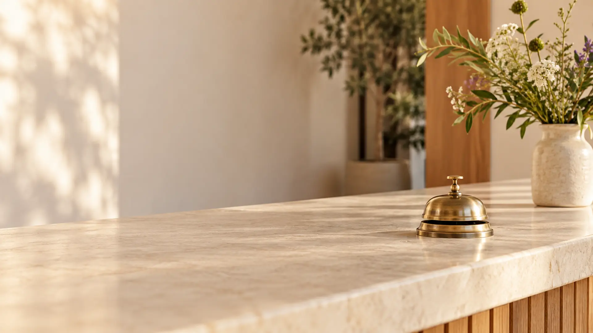A brass service bell on a stone counter beside a vase of wildflowers