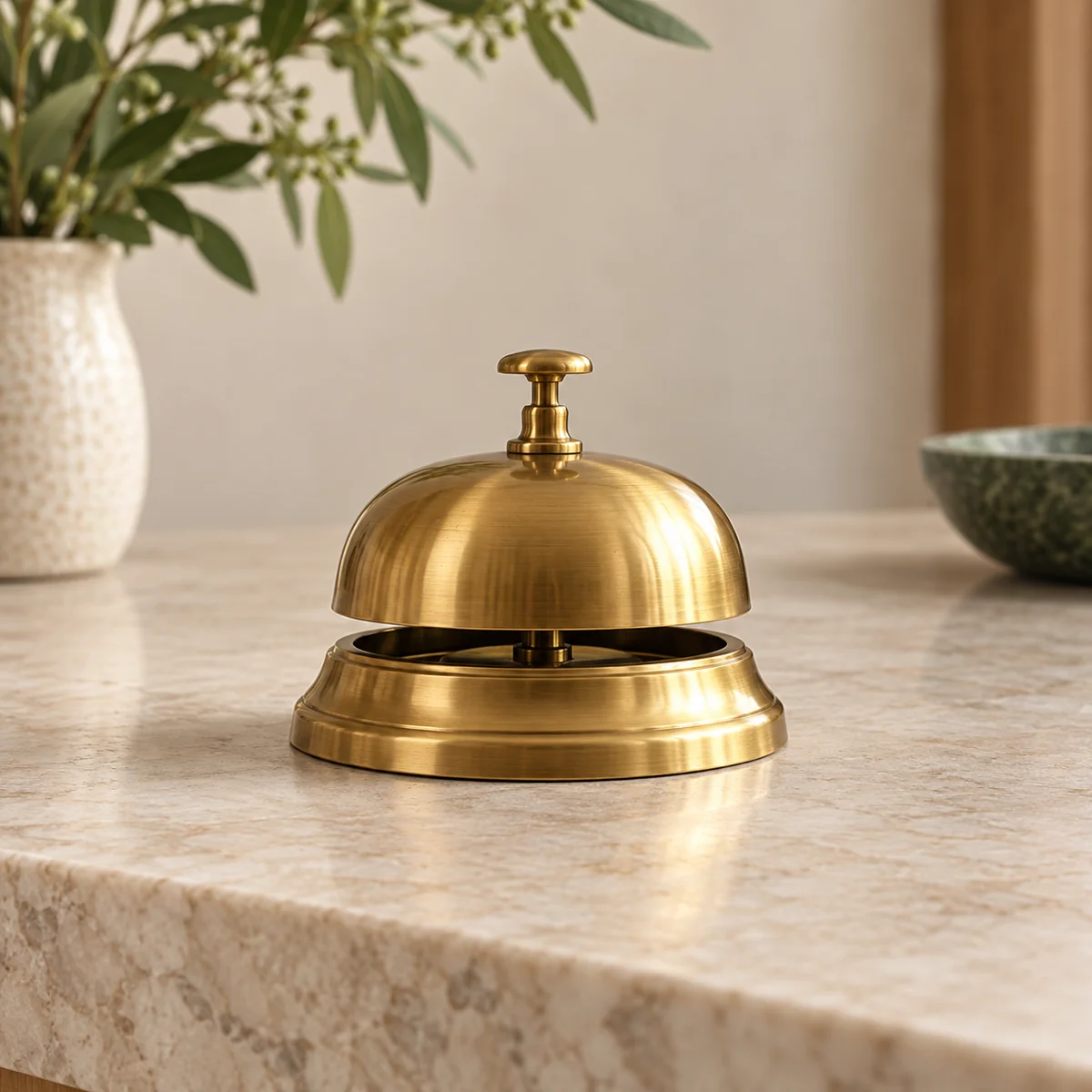 A brass service bell on a stone counter