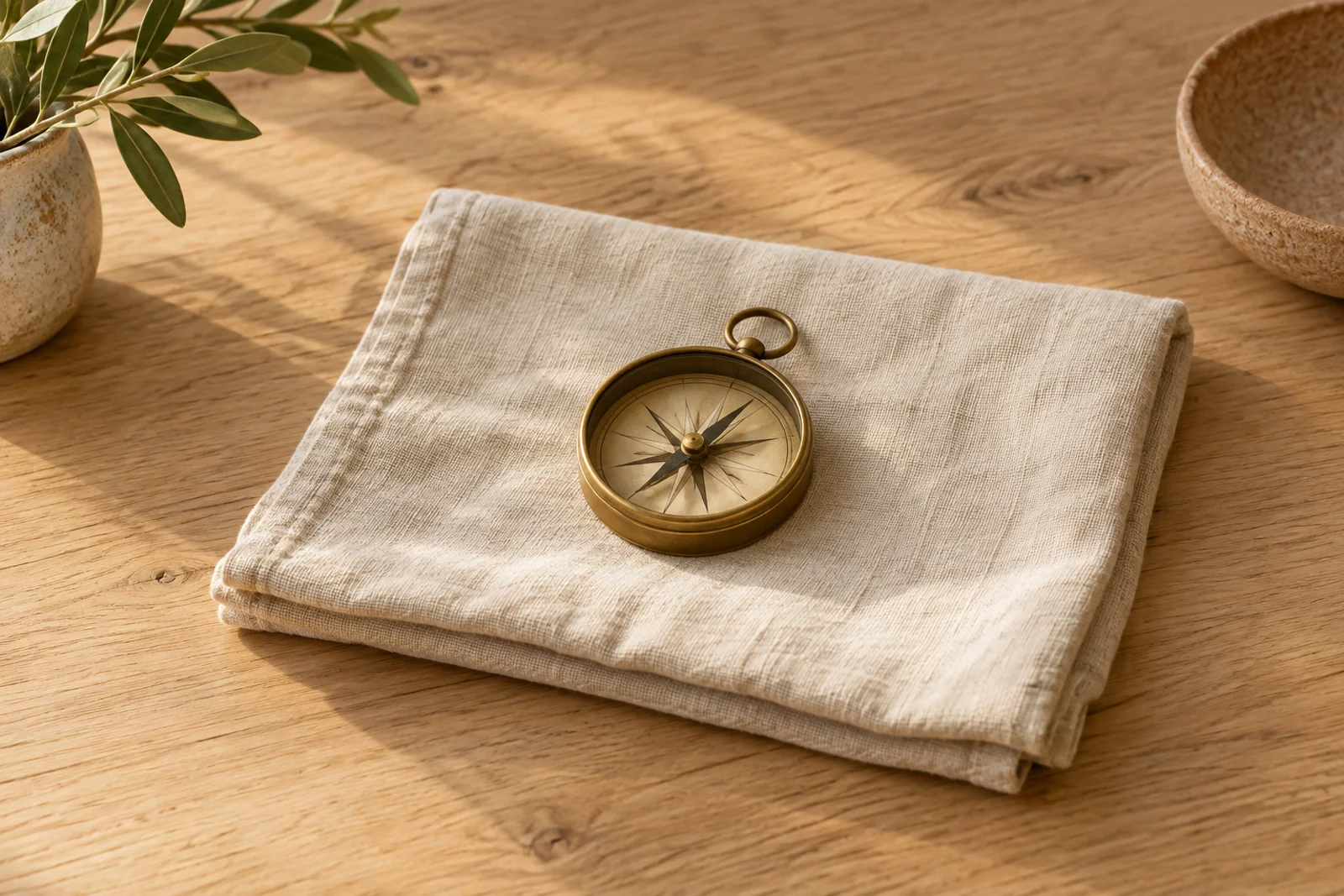 A brass compass resting on a folded blank linen map on an oak table
