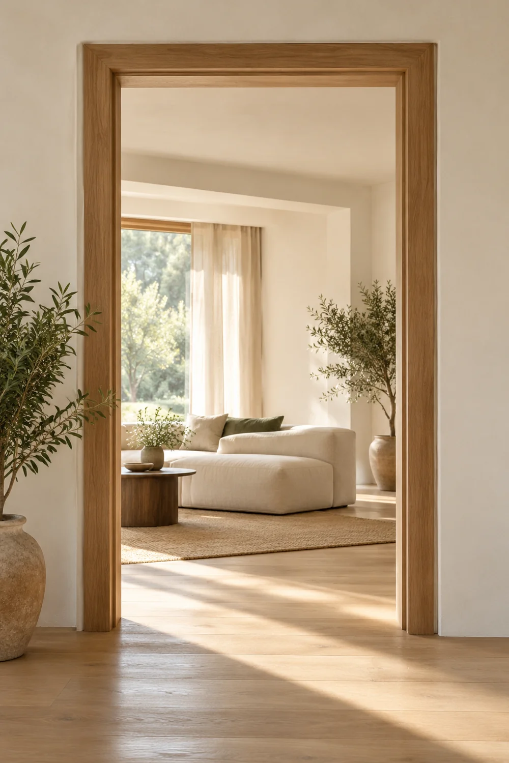 An oak door frame opening onto a sunlit living room