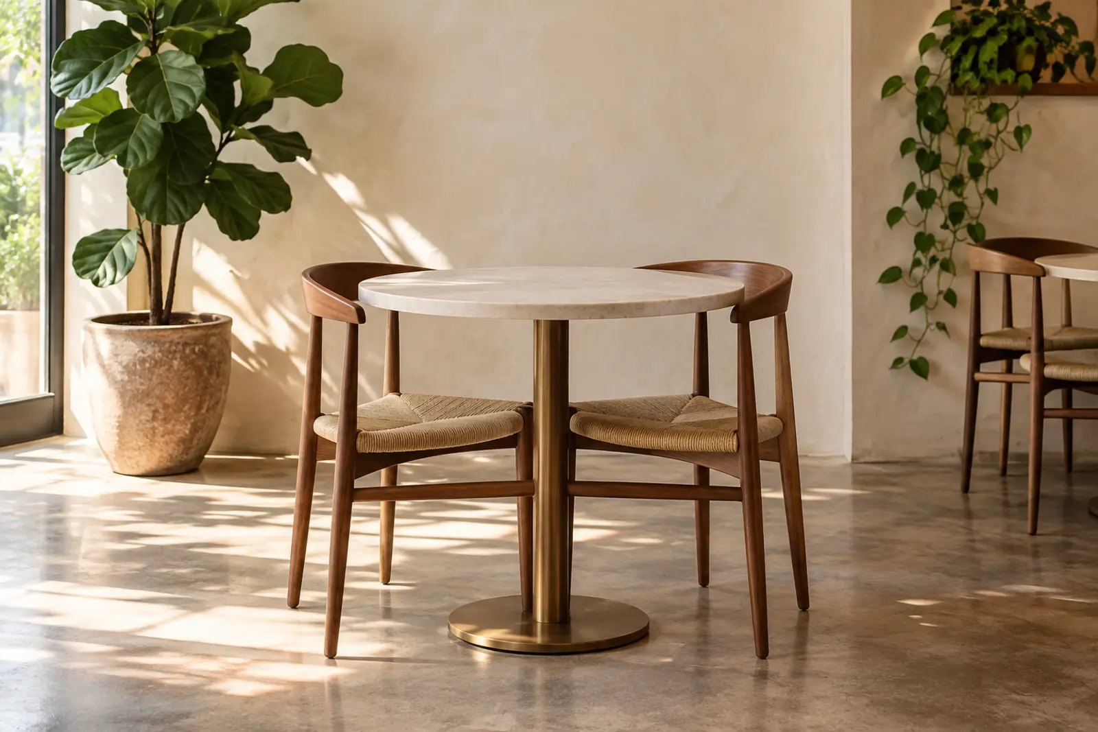 A café table with the chairs tucked in and nobody sitting at it