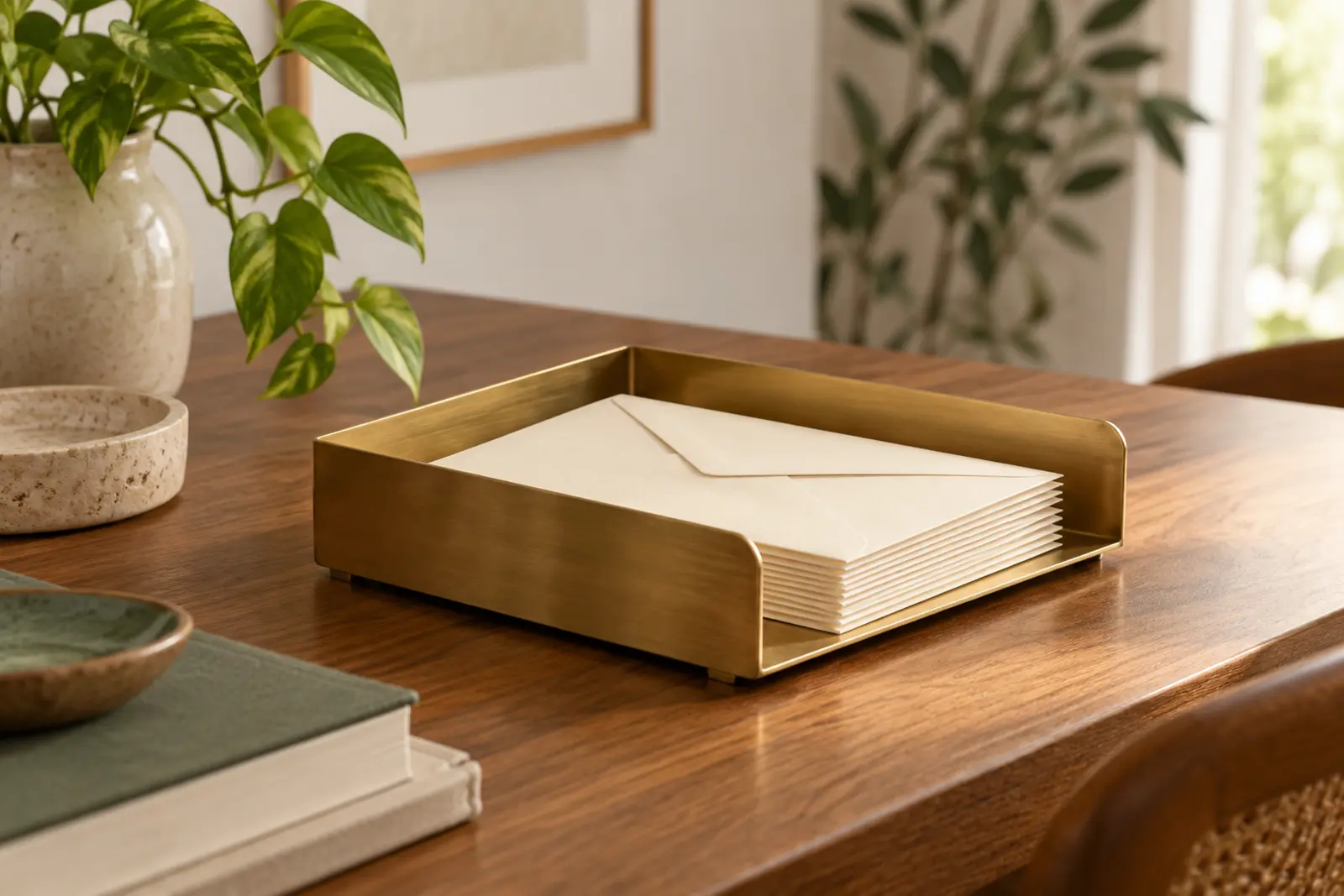 A brass letter tray of cream envelopes on a walnut desk beside a potted plant