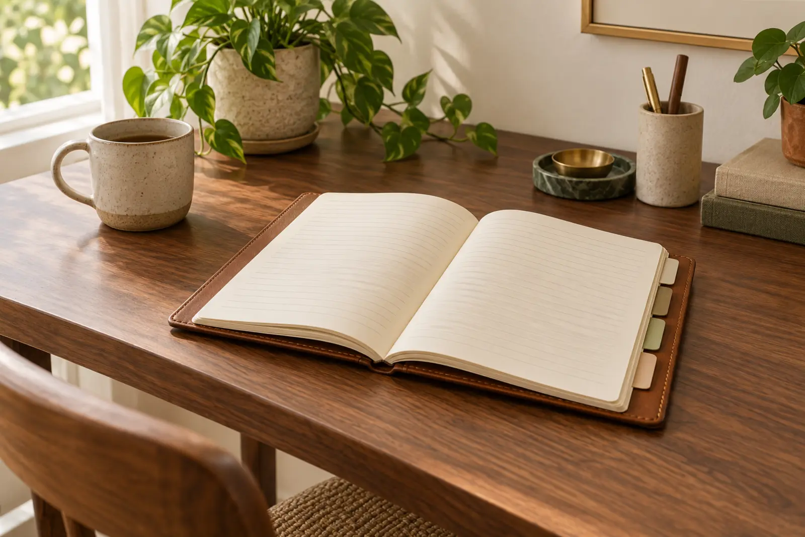 An open diary on a walnut desk beside a stoneware mug and a pot of pencils