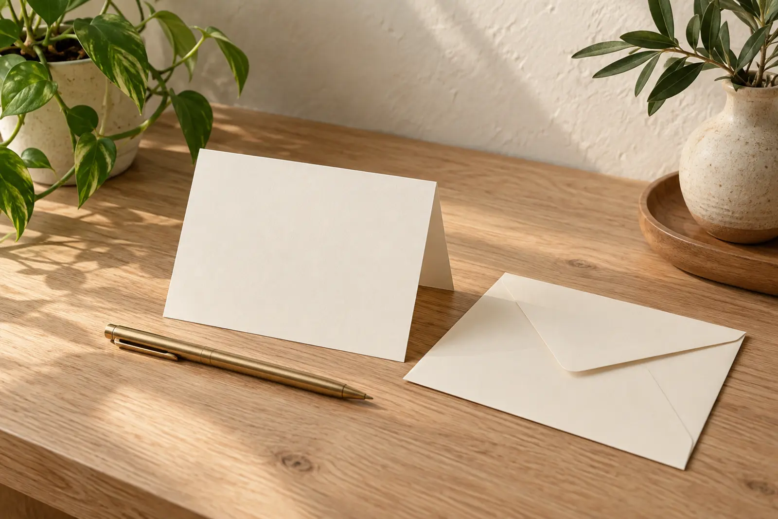 A blank cream card and envelope with a brass pen on an oak desk