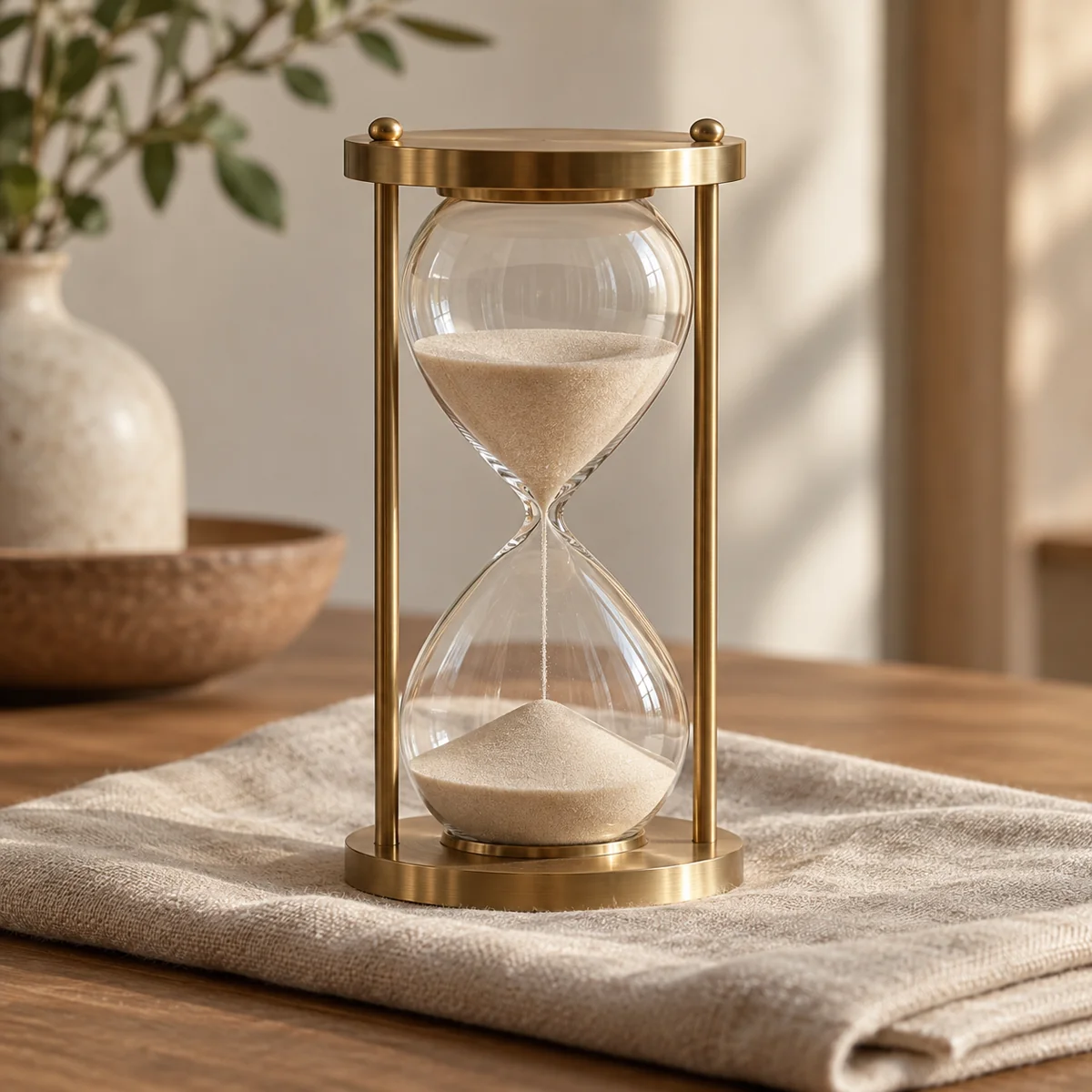 A brass hourglass on a folded linen cloth, the sand running through