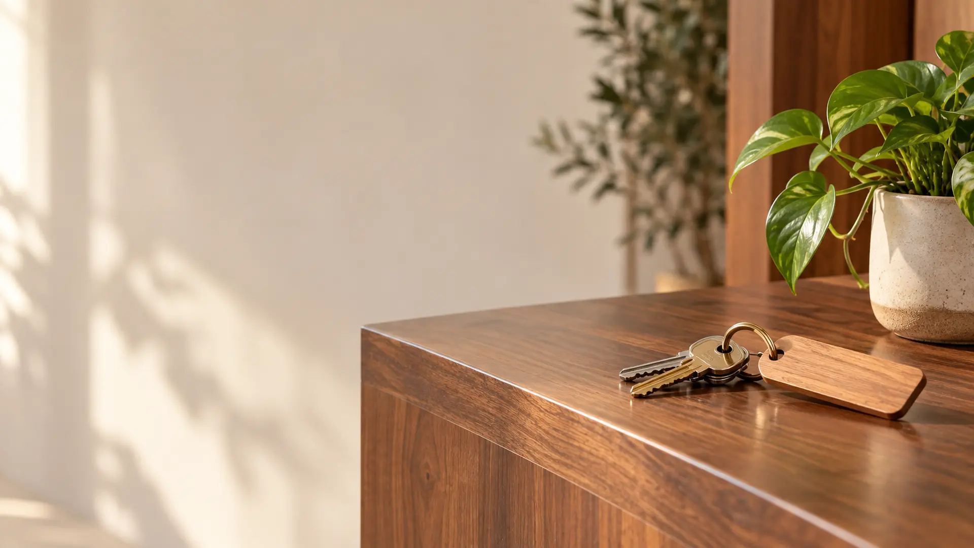 A set of keys with a walnut fob on a walnut counter beside a potted plant